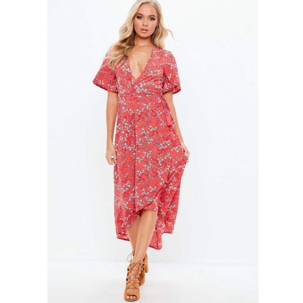 Red Floral High-Low Wrap Midi Dress